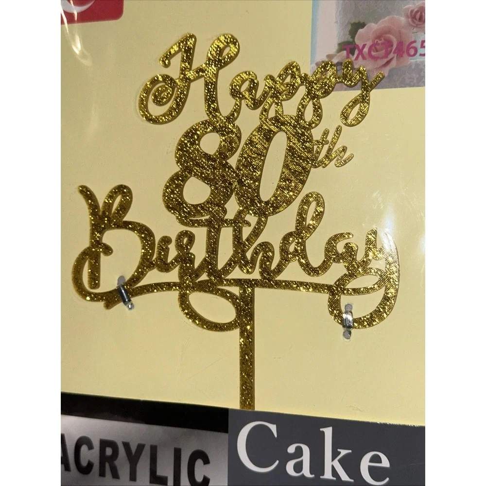 80th Birthday Cake Topper Double Side Glitter Gold Birthday Decorations NEW